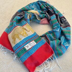 100% Cashmere Pashmina Elephant Print Multicolor Scarf - Red, Turquoise, Green